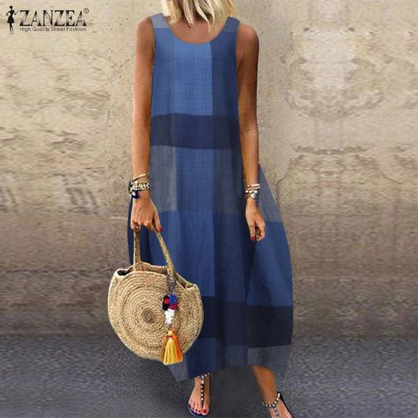 

2021zanzea summer women vintage sleeveless dress floral printed long dress cotton linen sundress baggy beach vestido sarafans 5xl 7, Black;gray
