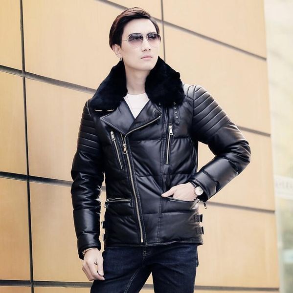 

men's leather & faux genuine jacket coat men motorcycle real sheepskin fur collar vintage winter warm thick male sheep skin parkas, Black