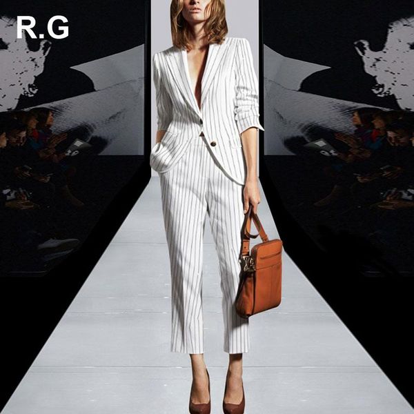 

women's suits & blazers rockgeorge elegant ol work to wear blazer jacket pants suit women stripe white office ladies 2 piece set female, White;black