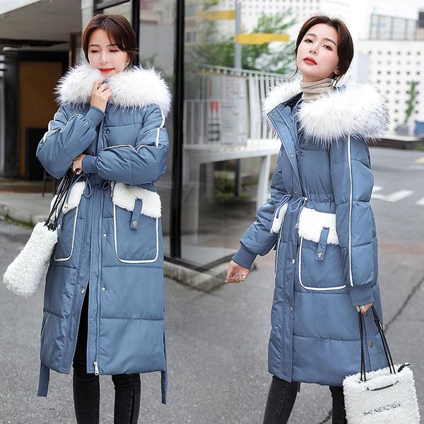 

women's down & parkas long puffer coat winter fur collar hooded korean fashion big pocket padded coats warm slim female clothing, Black