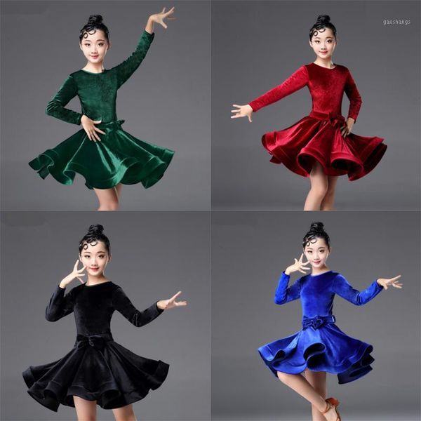 

kids dresses for girls long sleeve latin dance dress velvet ballroom competition party stage performance practice costumes1, Black;red