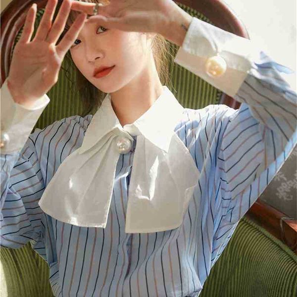 

women's two piece pants pearl long sleeve bow blue striped korean blouse button up collar cute shirts fall clothing iz0r, White