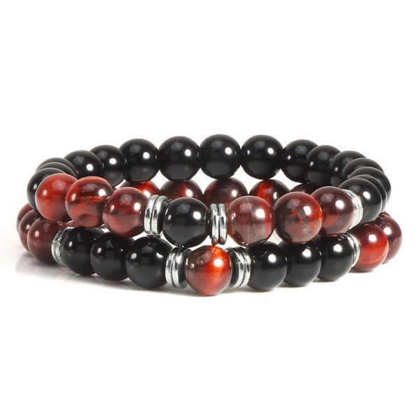 

2pcs/set 8mm natural stone beaded strands silver plated charm bracelets elastic bangle for women men lover yoga jewelry, Black