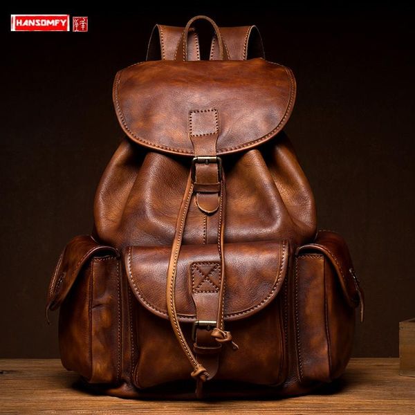 

backpack vegetable tanned leather men's first layer cowhide computer bag casual travel backpacks large capacity vintage