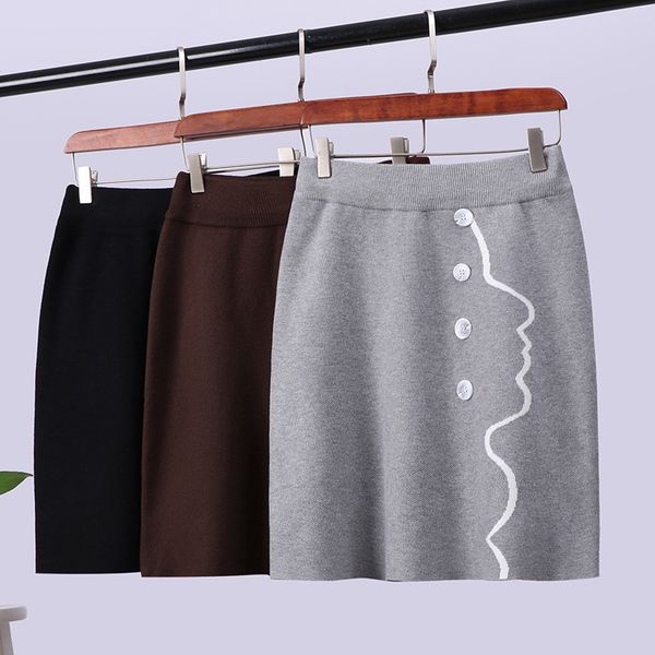 

simple strokes avatar jacquard knitted skirt women casual button high wasit hip female sweet 210520, Black