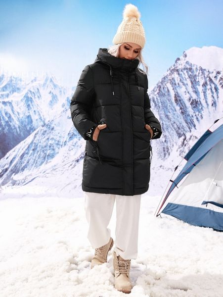 

zip pockets drawstring hooded puffer coat y38d#, Black