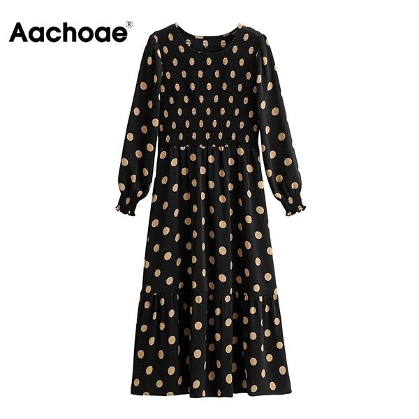 

women vintage polka dot midi female o neck elegant party dress long sleeve ruffles chic dresses vestidos 210413, Black;gray