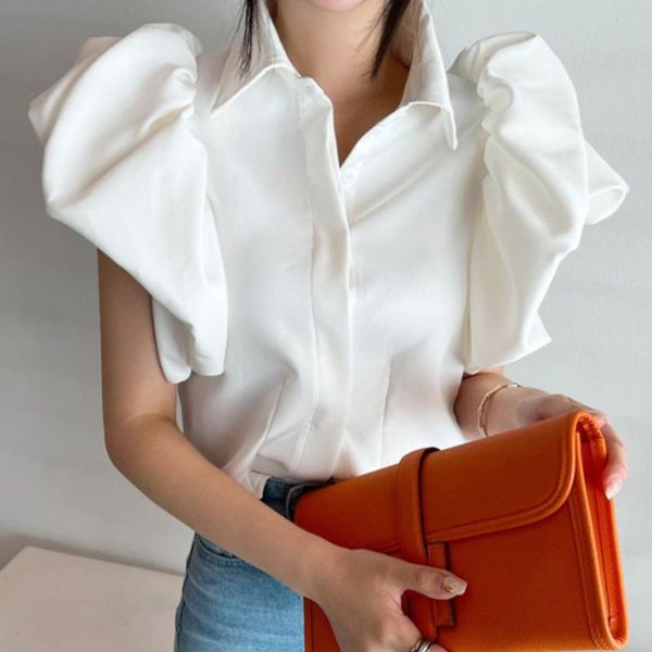 

women's blouses & shirts [ewq] korea chic fashion simple lapel puff sleeve single breasted loose short shirt blouse women summer 2021 1, White