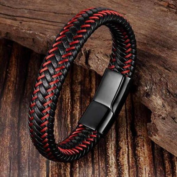 

bangle fashion and unique design red black mixed woven leather bracelet with magnetic buckle men's jewelry