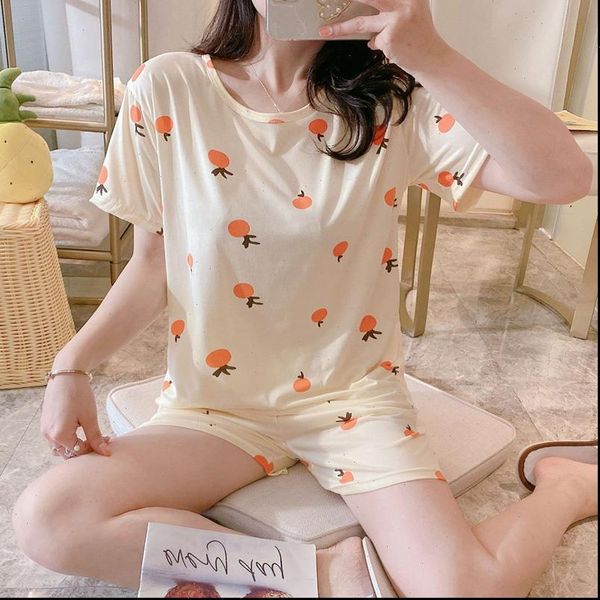 

cute orange fruit print summer women sleepwear pajamas set girls loose casual sweat t shirts and shorts 2 homewear, Black;red