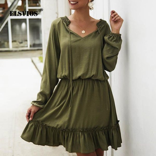 

casual dresses elsvios women autumn v neck drawstring dress elegant winter solid long sleeve ruffles party lady elastic mini, Black;gray