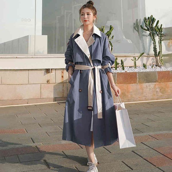 

women's trench coats windbreaker contrasting color fake two-piece long section 2021spring autumn korean high-end quality lining co, Tan;black