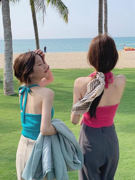 

women's tanks & camis tube outside the small spice wipes bosom beauty back design feeling female summer tie neck knitting vest, White