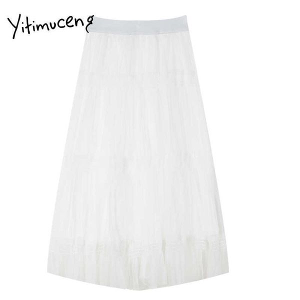 

yitimuceng gauze folds skirt women high waist mini a-line solid spring summer office lady fashion sweet skirts 210601, Black