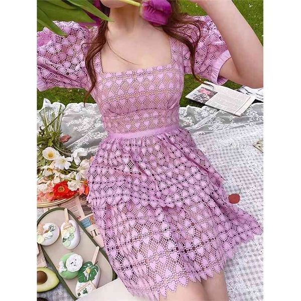 

pink lace summer dress for woman square neck short sleeve elegant vestidos high waist runway self mini dresses female clothing 210603, Black;gray