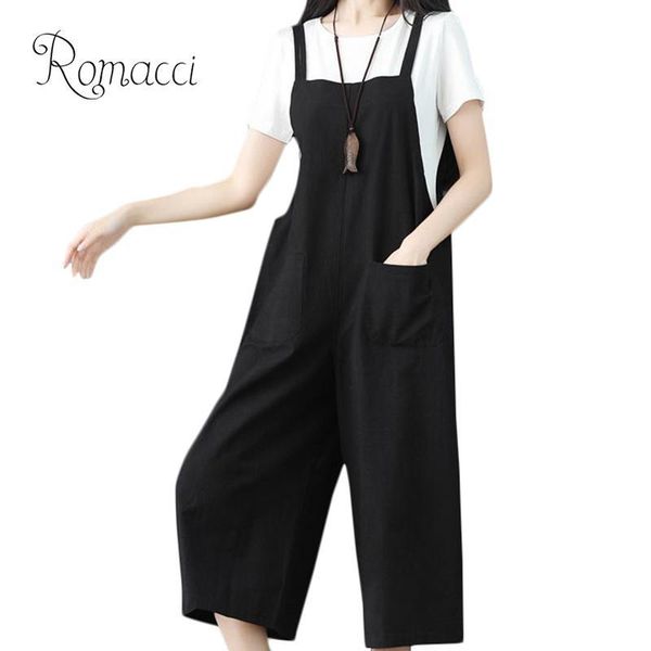 

women's jumpsuits & rompers romacci casual loose for women 2021 overalls sleeveless strap wide leg pants pockets playsuit plus size muj, Black;white