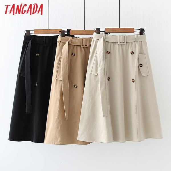 

tangada women solid midi skirt with belt vintage strethy waist spring ladies elegant chic mid calf skirts 5n03 210609, Black