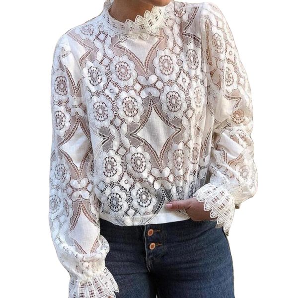 

spring summer see through t-shirt hollow out lace black white long sleeve female blouse