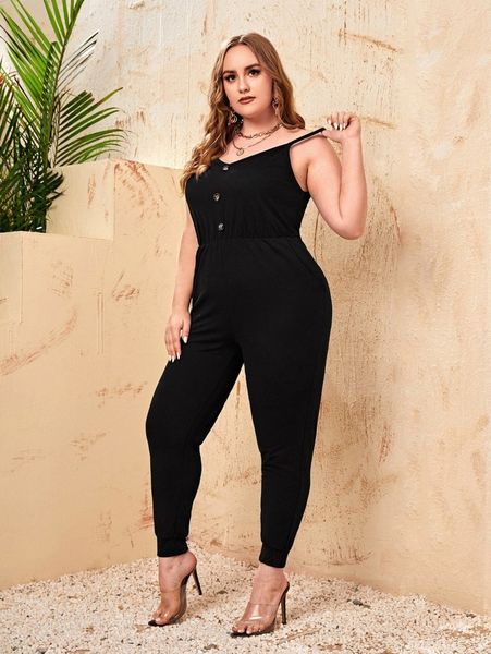 

plus half button up cami jumpsuit i8lh#, Black