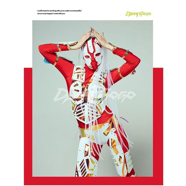 

stage wear skull man alien cosplay halloween costume for nightclub gogo dance show bodysuit foam armor modern long sleeve jumpsuit 01, Black;red