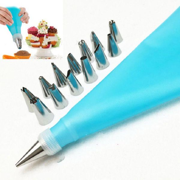 

baking & pastry tools 16pcs / set silicone icing piping cream bag +14 stainless steel nozzle diy cake decorating tips