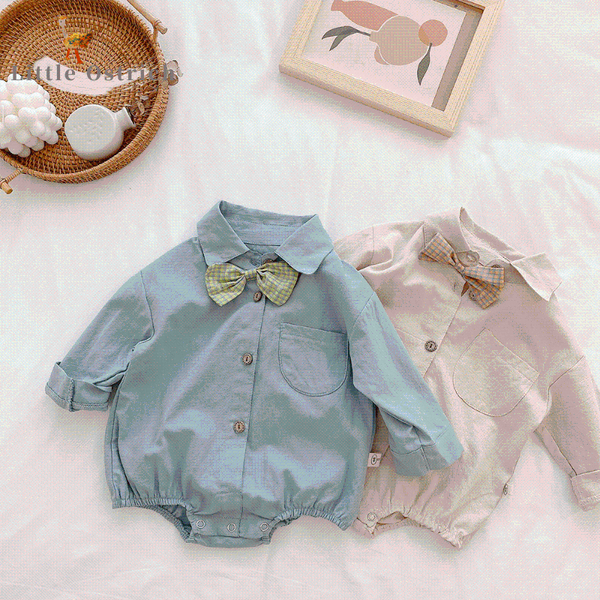 

rompers born baby boy cotton romper shirt infant toddler jumpsuit long sleeve spring autumn clothes with bow 0-2y, Blue