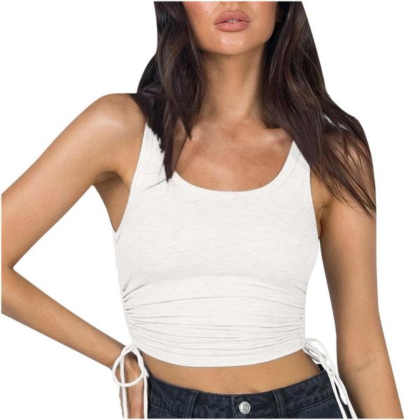 

women's tanks & camis 2021 lady women casual solid color sleeveless strapless drawstring tank blouse, White