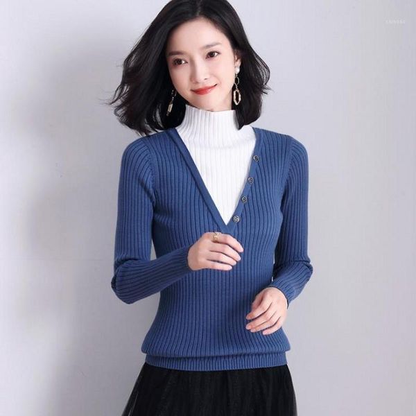

women's sweaters women autumn clothing for female fashion designer turtleneck patchwork pullovers full sleeve knitted, White;black