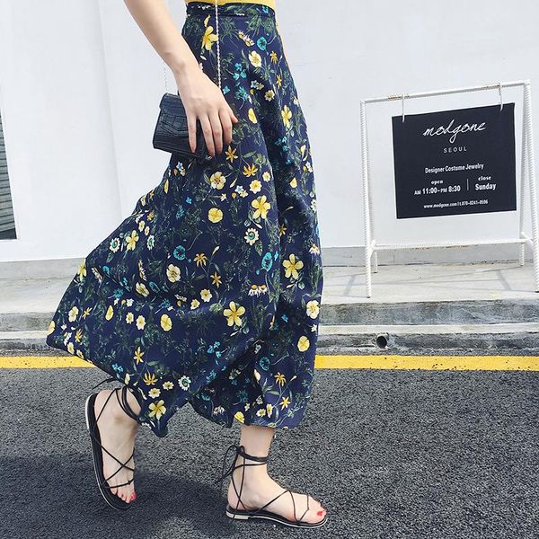 

skirts chiffon summer skirt womens beach chic floral high waist lace up printed 2021, Black