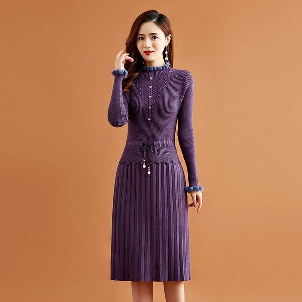 

casual dresses wool knitted dress inside women's 2021 thickened cashmere bottomed medium length with overcoat, Black;gray