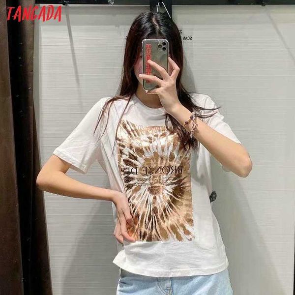 

tangada women golden letter print cotton t shirt short sleeve o neck tees ladies casual tee shirt street wear ta1 210609, White