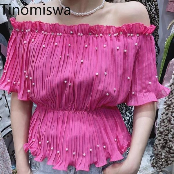 

women's blouses & shirts tinomiswa pearl design slash neck bare shoulder lady unicolor short sleeve slim waist chic white blouse women