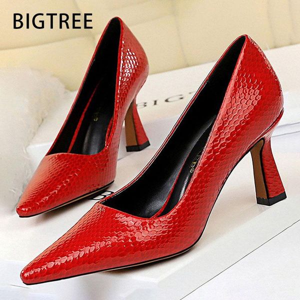 

dress shoes bigtree kitten heels snake women pumps spring high pointed party red lady plus size 43, Black