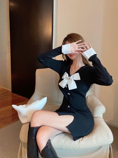 

casual dresses fonely fairy preppy autumn style temperament small fragrance bow long sleeve slim dress, Black;gray