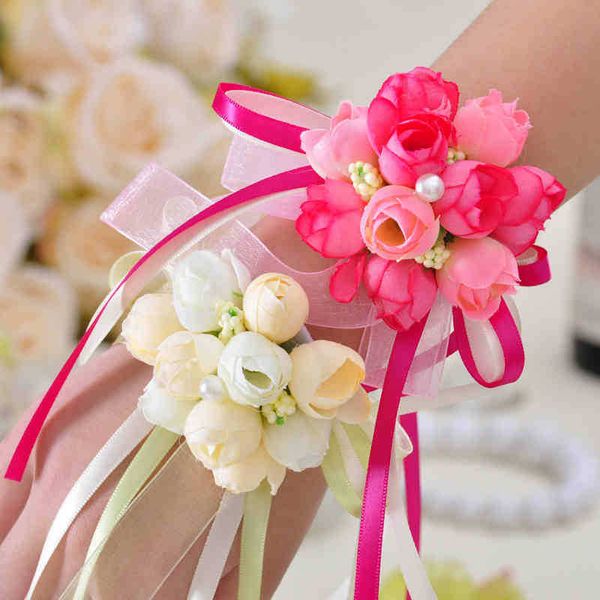 Hochzeitsblumen Brautjungfern Armbänder Handgelenk Corsage Accessoires Silk Blumen Rosen Mädchen Party Abschlussheime Dekoration