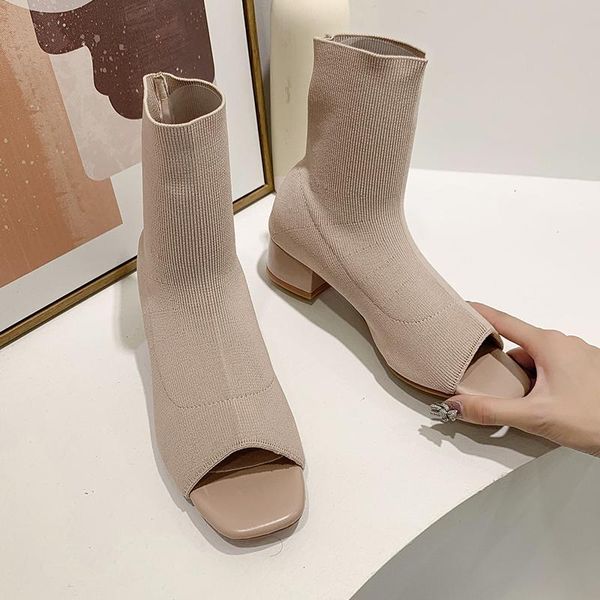 

boots yuxiang autumn women shoes for fashion peep toe sandal boot slip on stretch booties outdoor ankle, Black