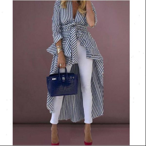 

autumn high street striped women blouses long tail bowknow lace up fashion buttons sleeve v neck, White