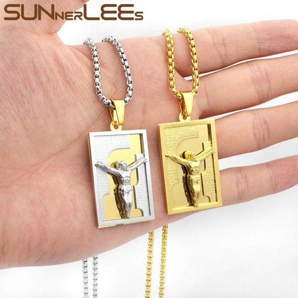 

pendant necklaces sunnerlees 316l stainless steel jesus christ square necklace link chain men boys gift sp228, Silver