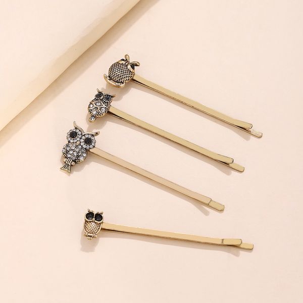 

alloy personality inlaid diamond owl hairpin one clip four piece suit combination, Golden;silver