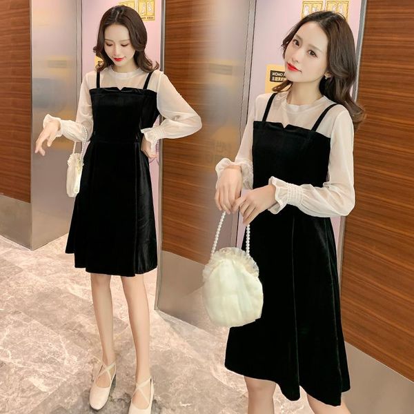 

maternity dresses 8321# clothes spring autumn hubble-bubble sleeves false two-piece loose stylish dress for pregnant women mom, White