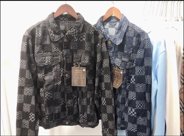 

men's jacket denim fashionable men's and women's long-sleeved jacquard denim fabric, old checkered color matching loose jacke, Black;brown