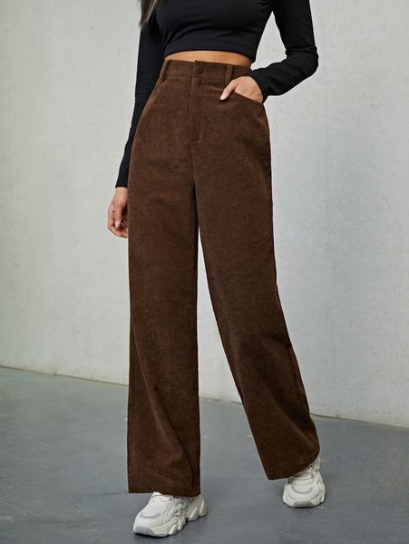 

high waist solid corduroy pants i5lk#, Black;white