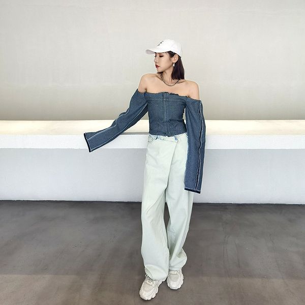 

spring new fashion jeans jacket ripped short jeans coat off-shoulder backless denim shirt for women, White