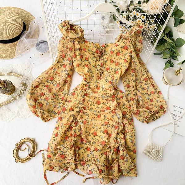 

dresses spring women vintage sweet floral print chiffon long sleeve drawstring high waist ruffles mini dresses, Black;gray