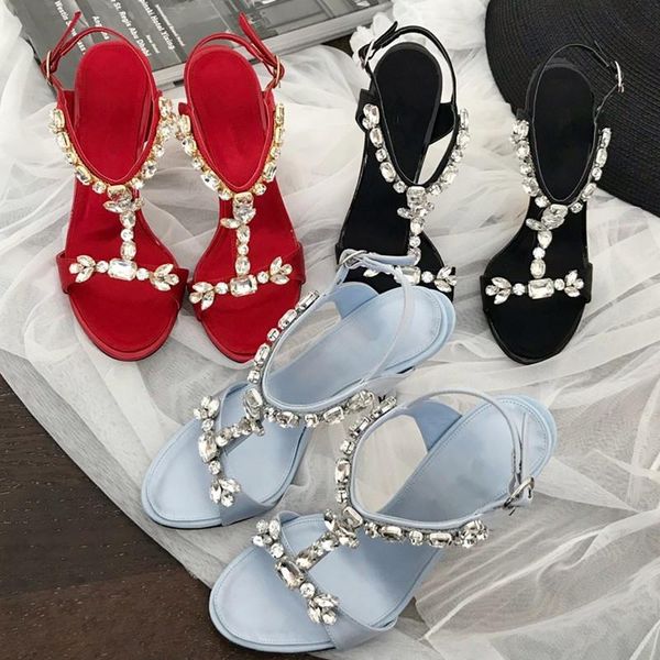 

sandals women rhinestone high-heeled zapatos de mujer t-shaped shoes fine heel buckle banquet, Black