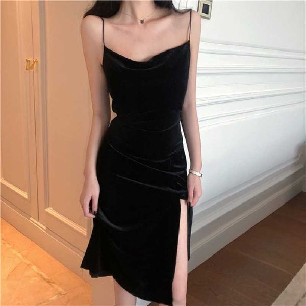 Sommer Korea ins Harajuku Vintage Persönlichkeit schwarz weibliche Mode sexy trägerlose Träger einfache schicke lässige Frauen Kleid 210608