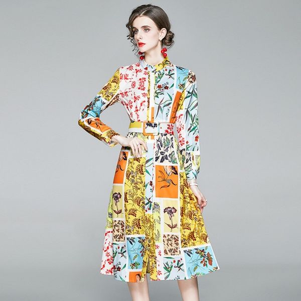 

fashion designer runway shirt dress spring autumn women dress long sleeve vintage flowers print slim elegant party dresses 210514, Black;gray
