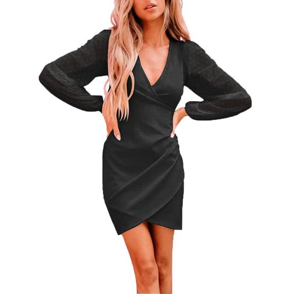 

casual dresses deep v neck mini dress patchwork jacquard long sleeve slim fit cross solid color ladies pleated female vestidos d30, Black;gray