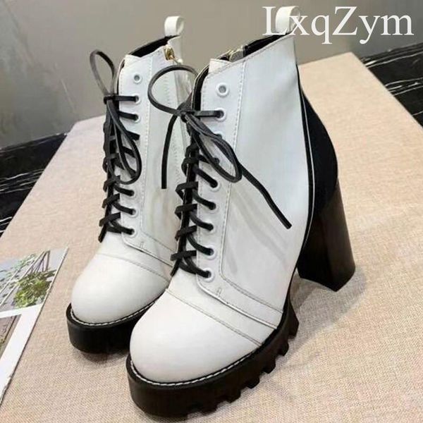

boots fashion brand women platform lacing up ankle round toe motorcycle matte cow leather chunky high heel booties lady big size, Black