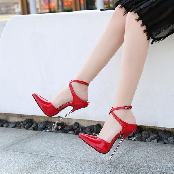 

high heels models catwalk metal stilettos super heels16cm fashion point size 43 44 women buckle strap dress shoes, Black